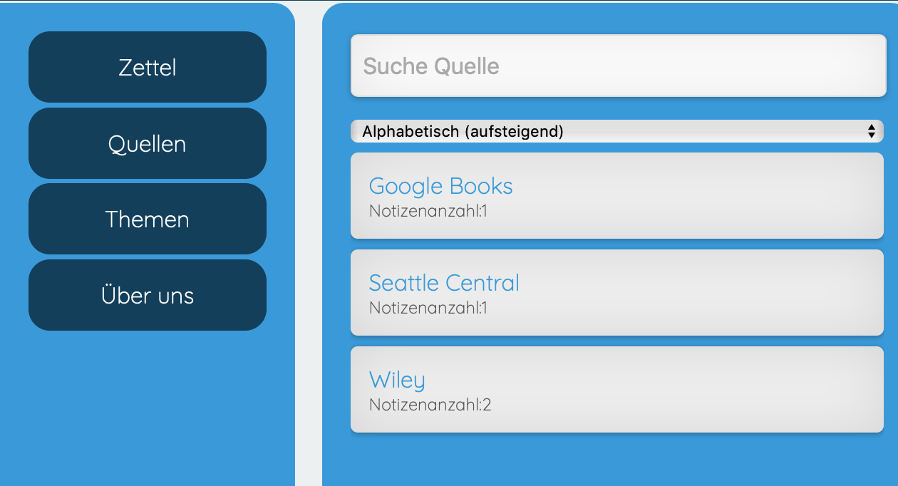 Screenshot der Quellen-Übersicht